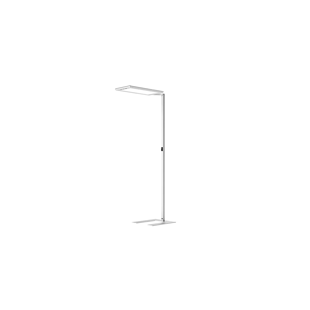 Un lampadaire argenté avec une tête de lumière rectangulaire. Le mât long et fin a un bouton noir. Deux entretoises de support plates en bas.