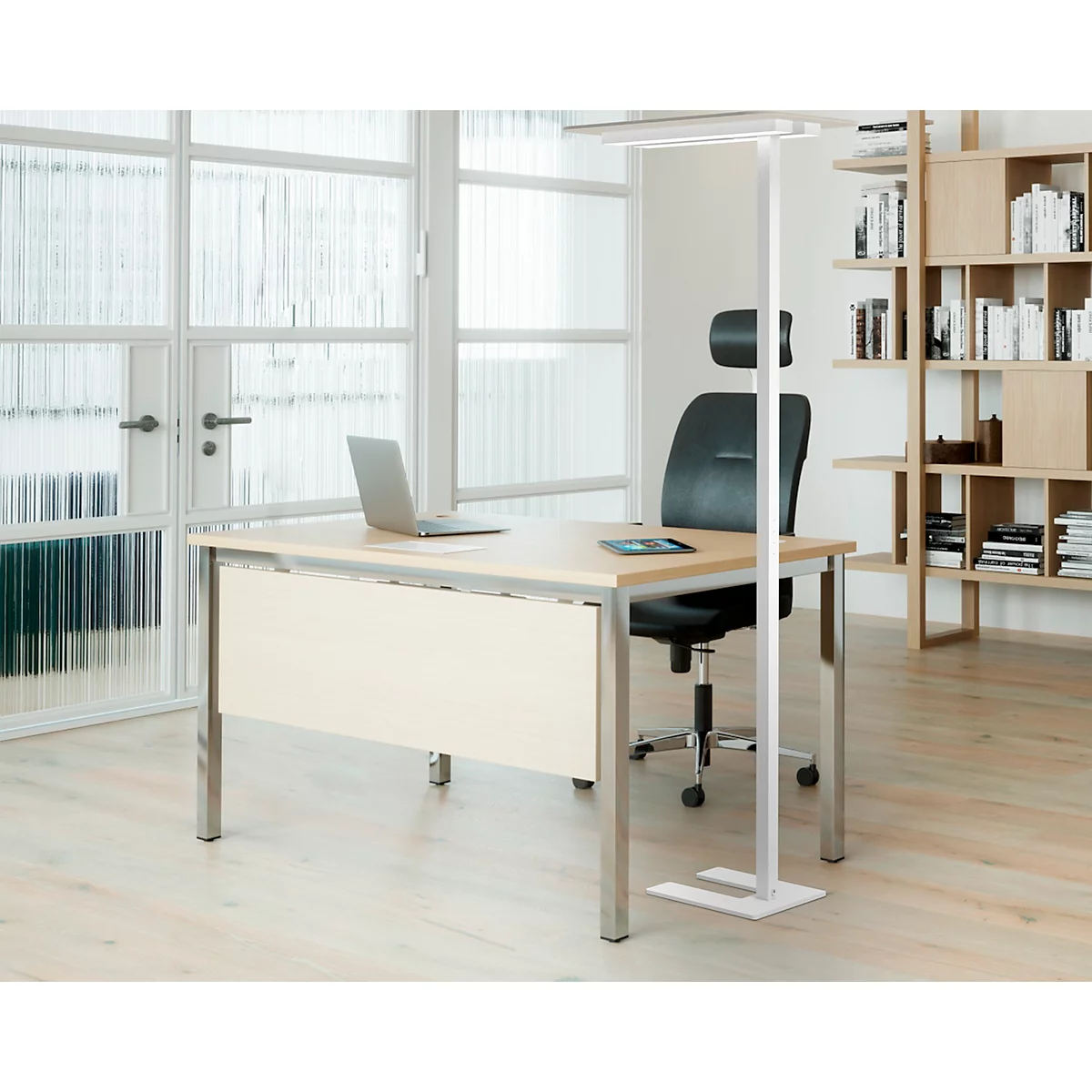 Lampadaire UNILUX NEXUS LED, technique de détection, 4000 K, 40000 heures, pour jusqu'à 2 postes de travail, socle, blanc 