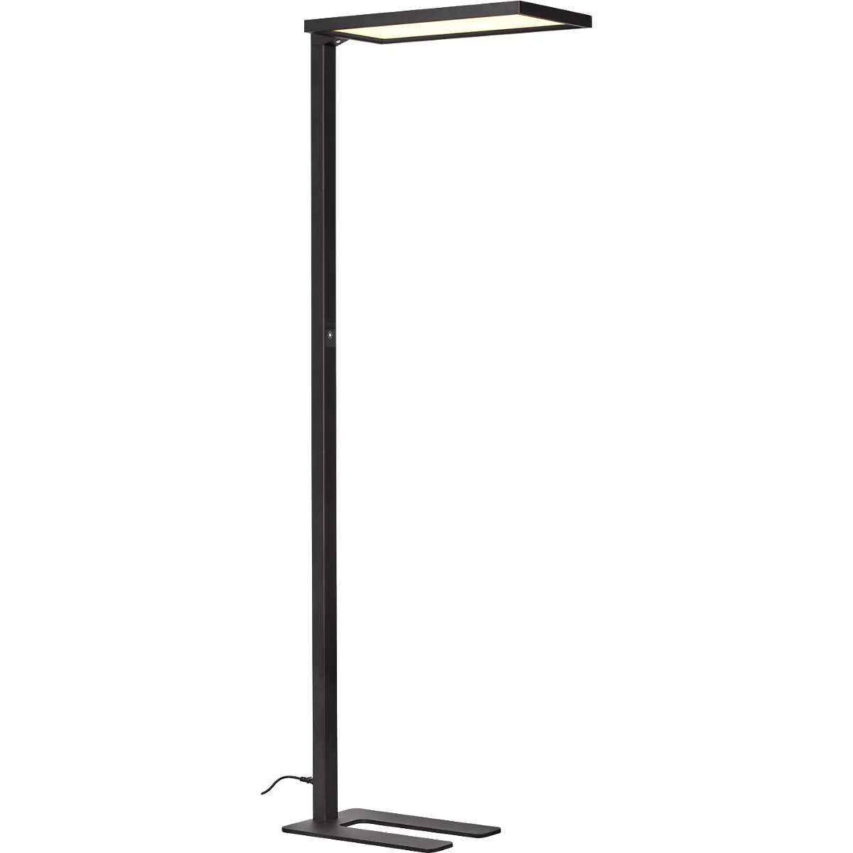 Un lampadaire noir et élégant avec une tête de lampe carrée. La tête de la lampe est brillante et rectangulaire, la base est carrée avec une forme en U.