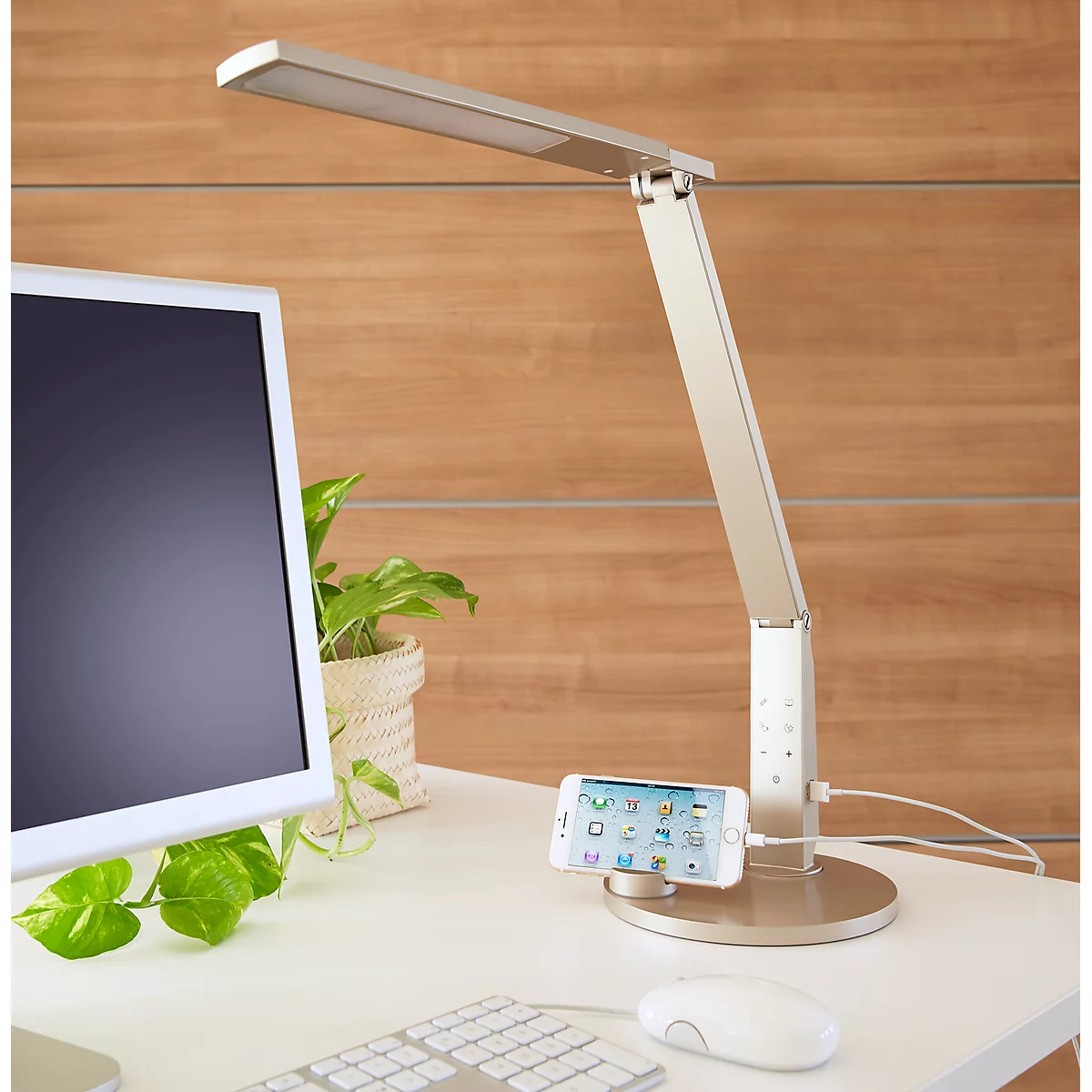 Lámpara LED de sobremesa Vario Plus, 10 W, 741 lm, 2700-6400 K, regulable en altura/giratoria/inclinable, función de carga USB, regulable sin escalonamiento, champán