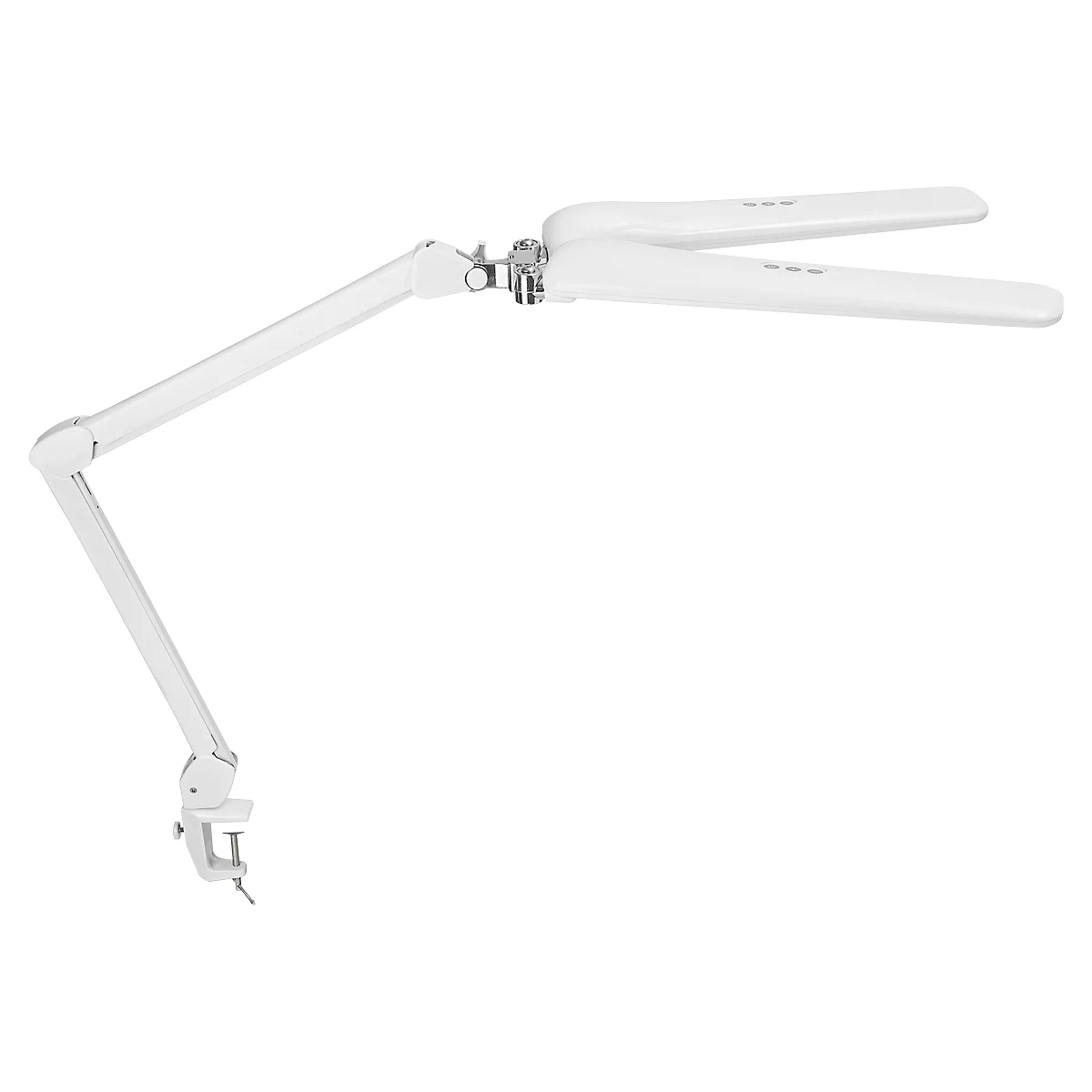 Lampe de bureau blanche avec un bras mobile et deux éléments lumineux. La lampe est fixée à une pince.