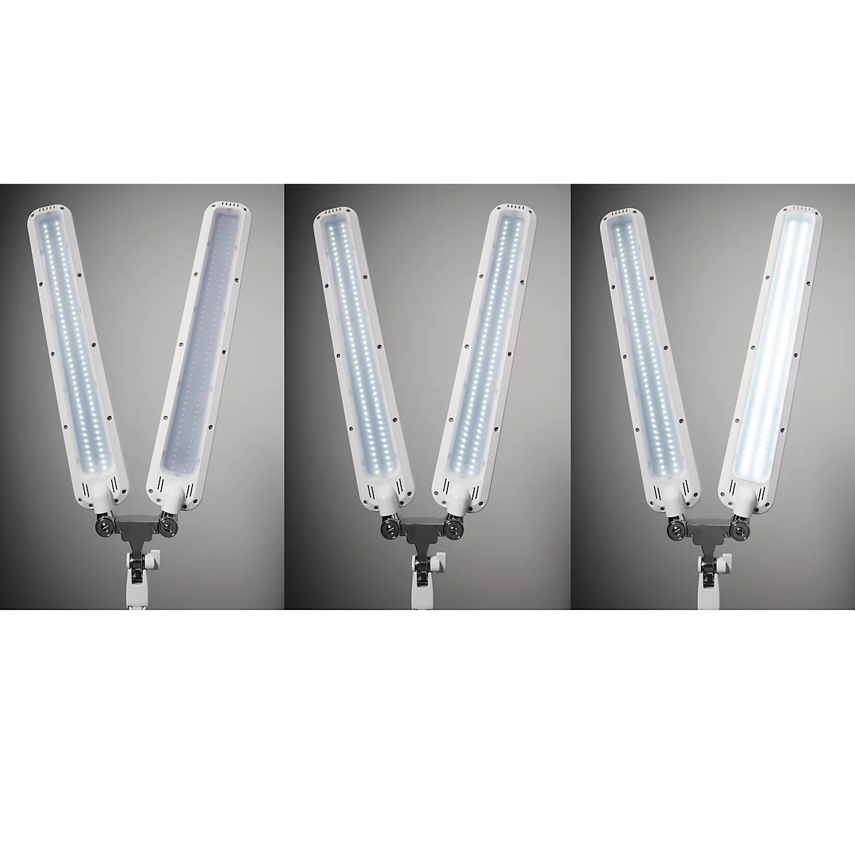 Trois images d'une source de lumière. La lampe possède deux longs luminaires blancs qui s'ouvrent comme un 'V'. De gauche à droite, la luminosité augmente.