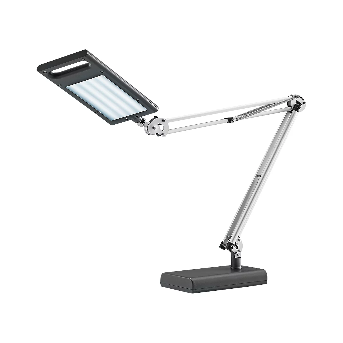 Lampe de bureau moderne, réglable avec ses bras articulés. La tête de la lampe est rectangulaire et émet une lumière vive.