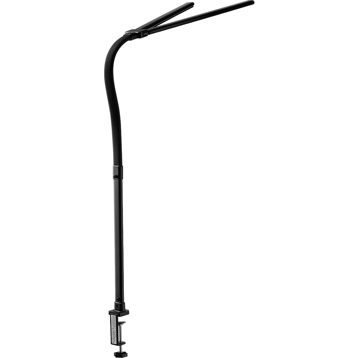 Lampe de bureau noire avec bras flexible et deux sources lumineuses allongées, fixée à une pince.