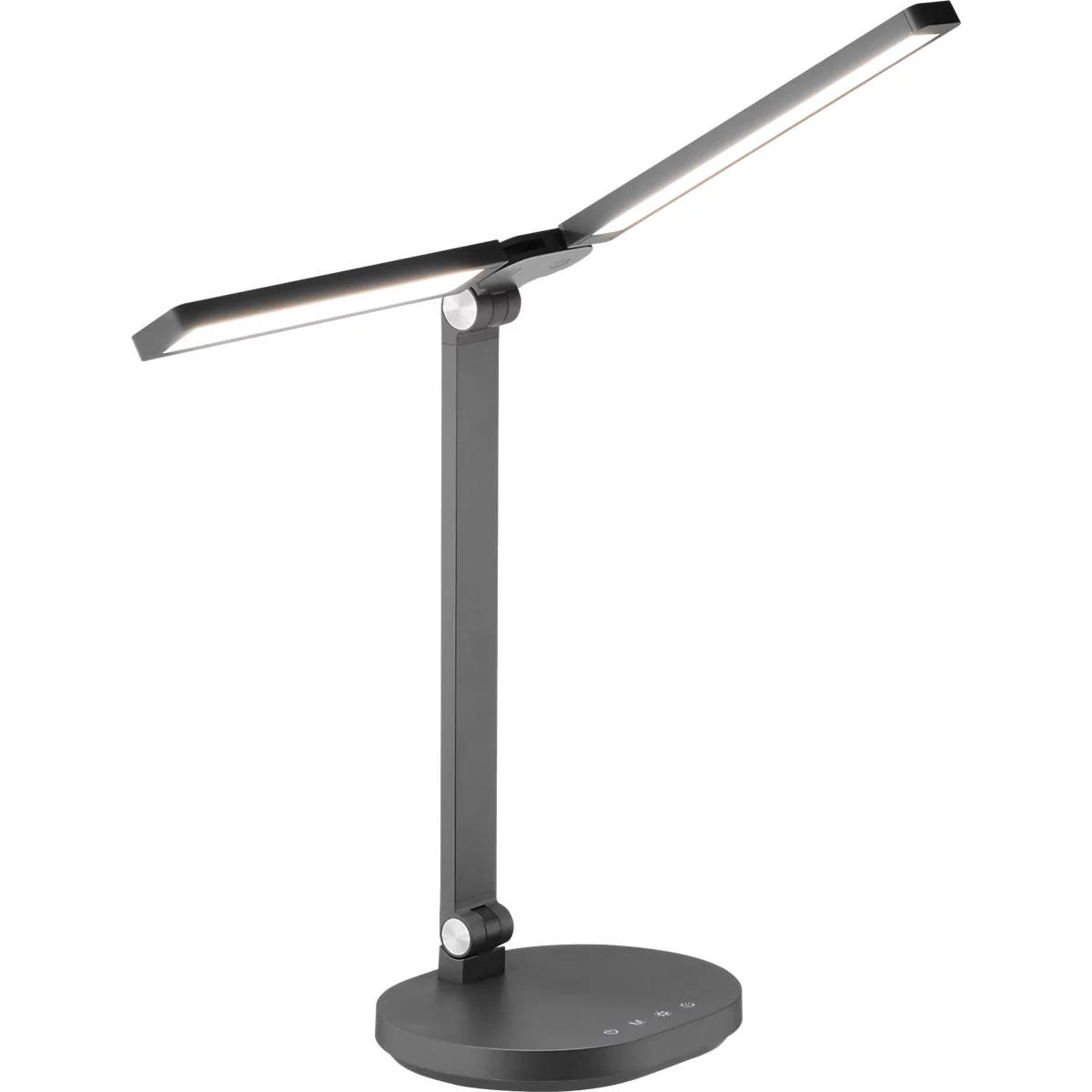 Lampe de bureau LED gris foncé, s'allume vers le haut et sur le côté, sur une base ronde.