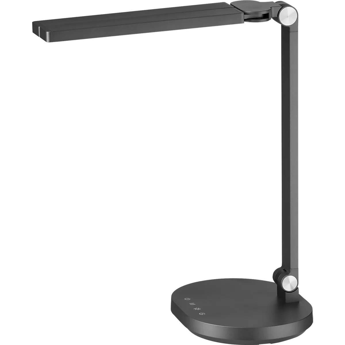 Lampe de bureau noire avec socle rond, bande LED et bras réglable.