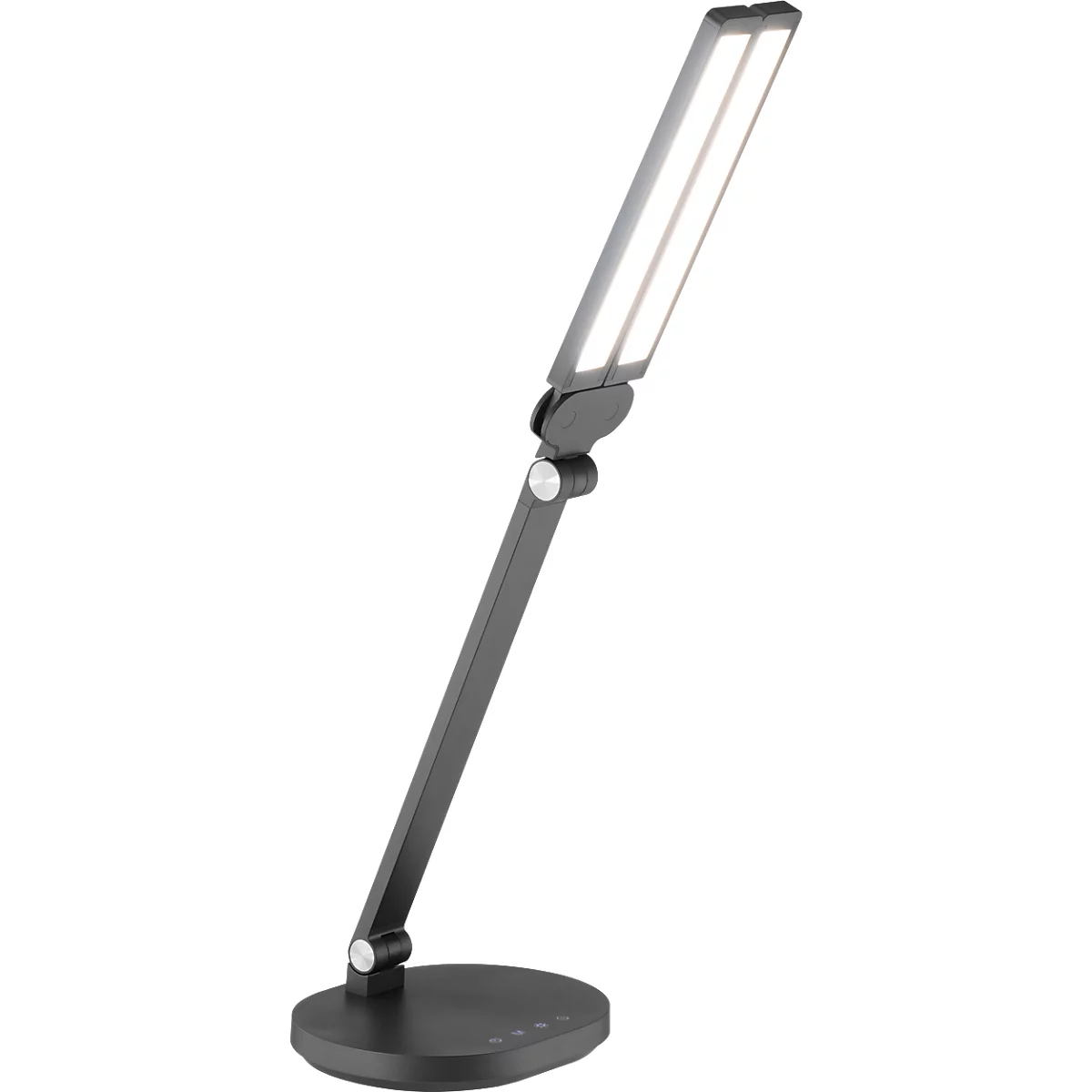 Lampe de bureau sombre avec éclairage LED. La tête et la tige de la lampe sont réglables. Base ronde avec panneau de commande tactile.
