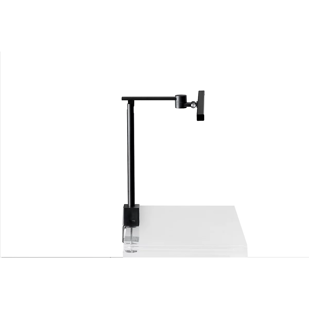 Support de serrage noir, fixé à une table, avec un bras pour tenir un appareil.