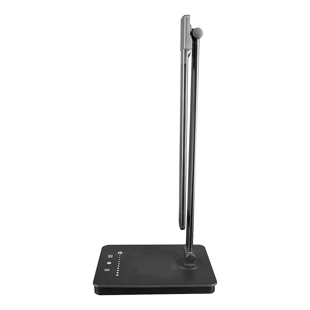 Lampe de bureau noire et argentée avec une base carrée et deux barres verticales. Détails : Réglages de luminosité et commandes.