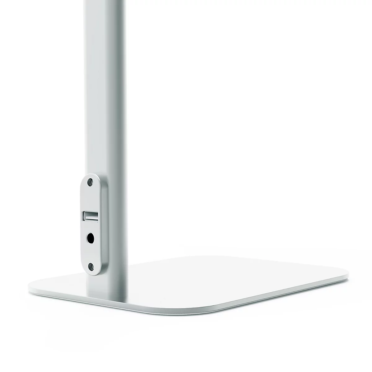 Support blanc avec colonne verticale, port USB et base rectangulaire arrondie, vue détaillée sur fond clair.