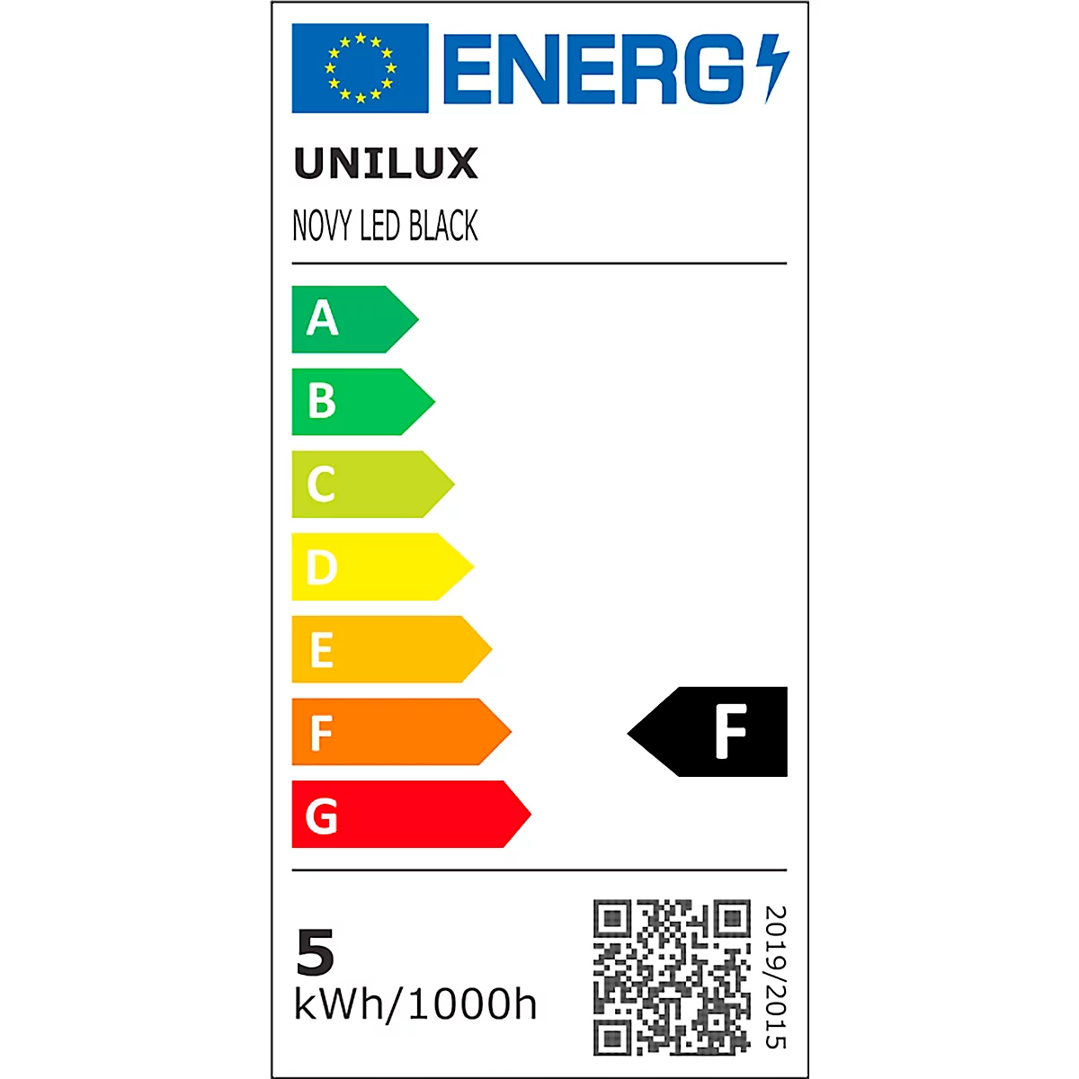 Étiquette énergétique avec informations sur l'efficacité énergétique pour Unilux NOVY LED BLACK, classe F, 5 kWh/1000h.