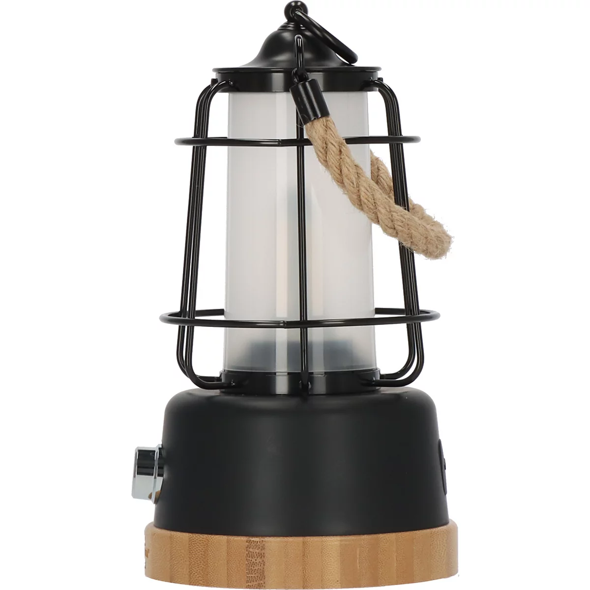 Une lanterne noire et jaune avec un cylindre en verre, entouré d'une grille en fil noir et une poignée en corde.