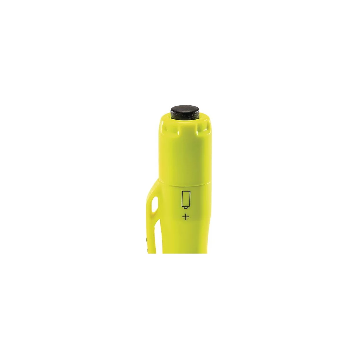 Bâton jaune vif avec bouton noir sur le dessus. Un signe plus et un symbole de batterie sont représentés.
