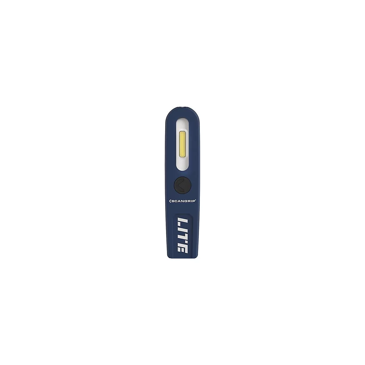 Lampe-stylo bleu foncé avec panneau lumineux et bouton, avec texte "SCANGRIP" et "LITE".