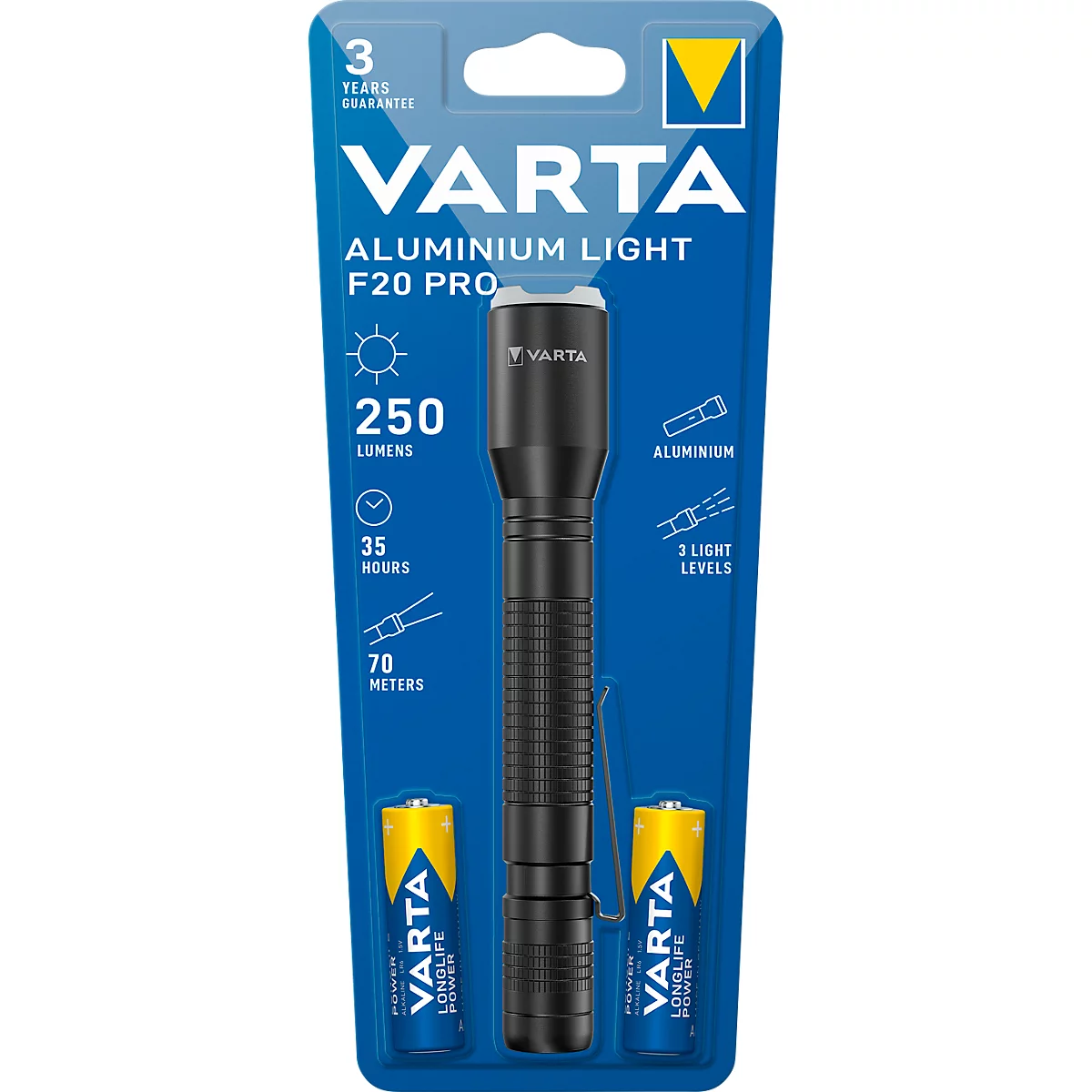 Lampe de poche LED Varta Aluminium Light F20 Pro, 250 lm, portée 70 m, jusqu'à 35 h, 2 piles incluses, ⌀ 42 x H 167 mm, aluminium anodisé, noir