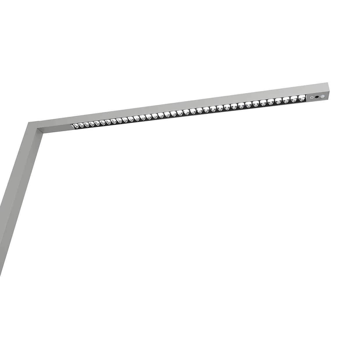 Lampe de bureau LED argentée minimaliste avec une tête d'éclairage linéaire longue sur fond blanc.