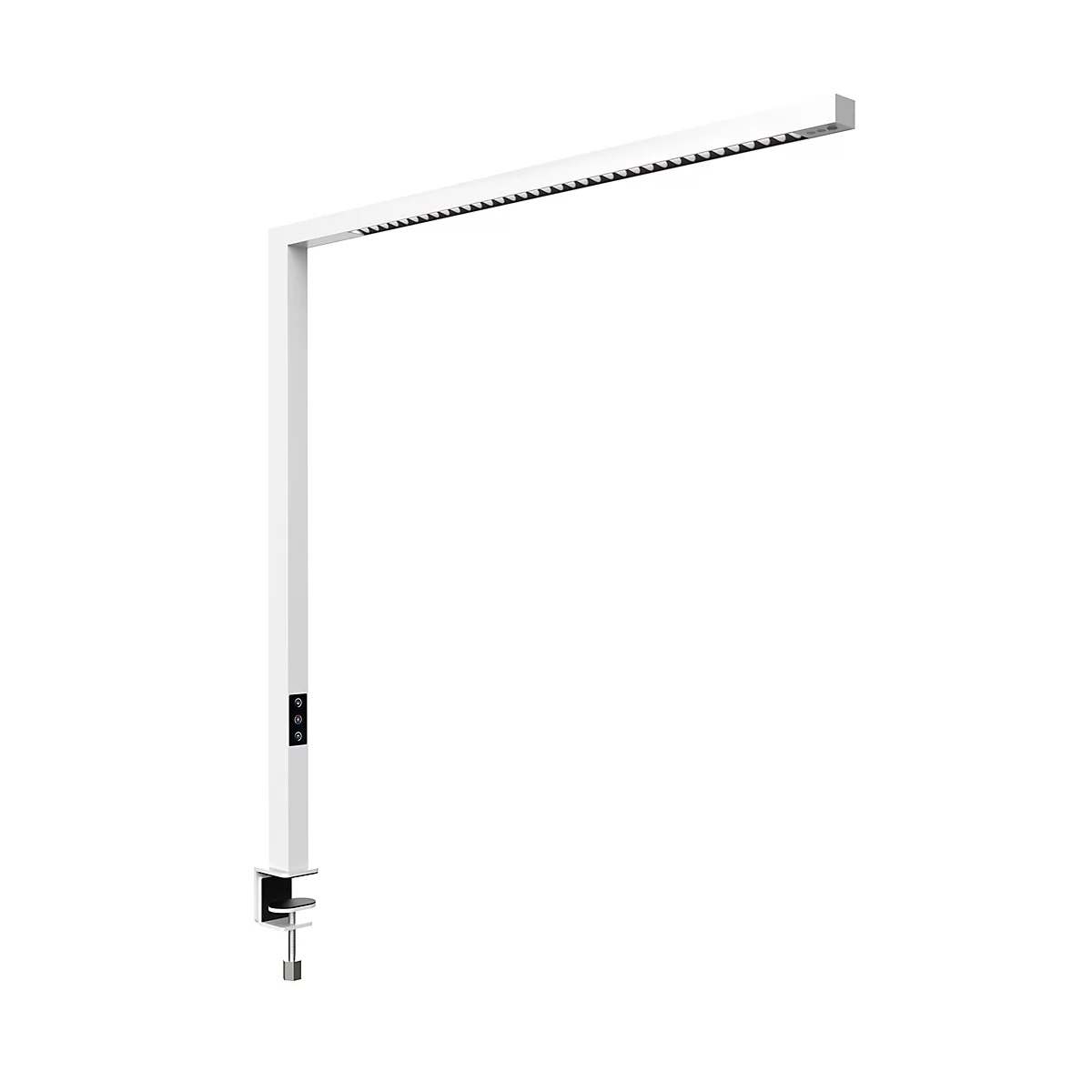 Lampe à pince LED minimaliste blanche avec un design fin et à angle droit sur fond blanc.