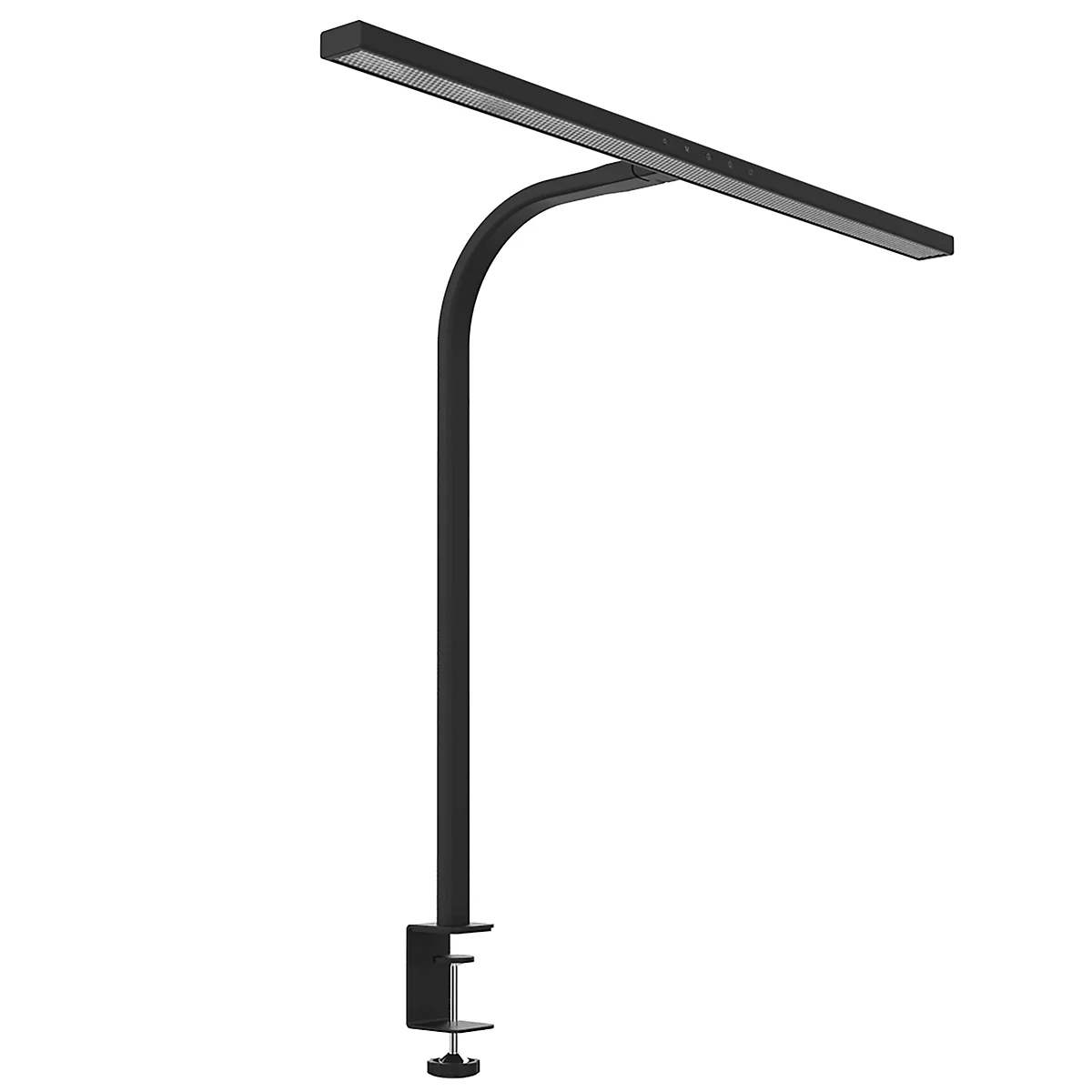 Lampe à pince noire minimaliste avec un long bras réglable sur fond blanc.