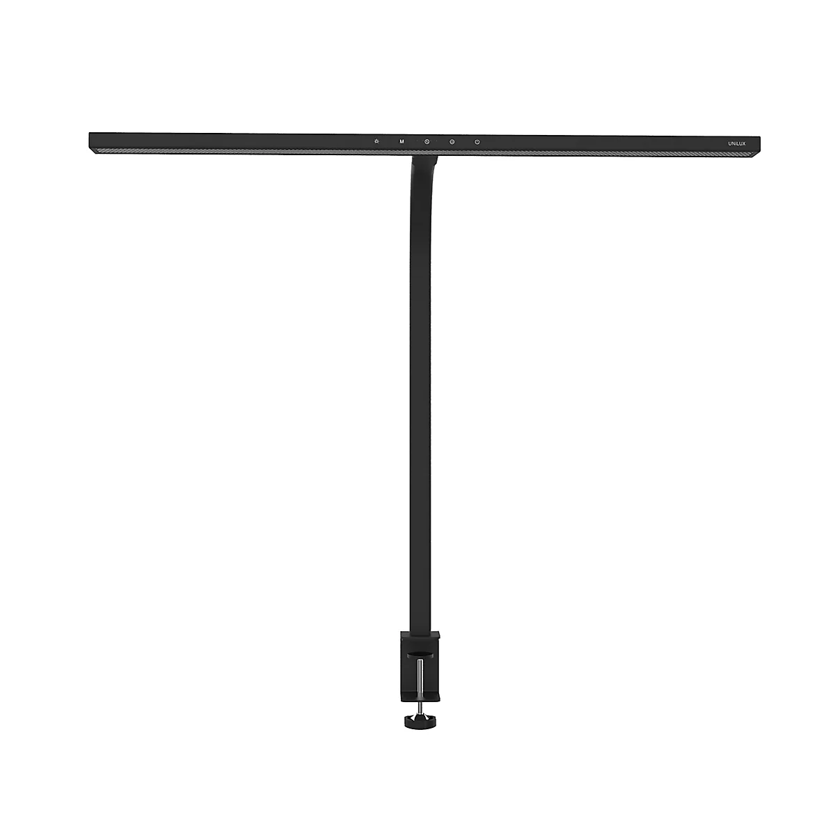 Lampe à pince noire et minimaliste dotée d'une longue tête d'éclairage horizontale et d'un support vertical.