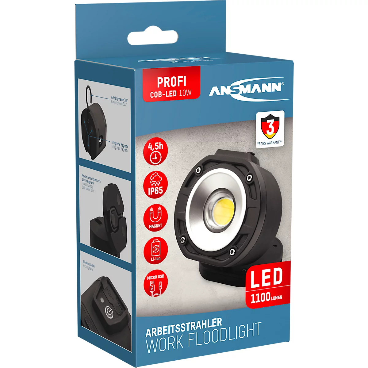 Lampe de travail à LED Ansmann FL1100R, 2 modes d'éclairage, 1100 lumens, jusqu'à 4,5 h, IP65, batterie, articulation sphérique 360°, crochet de suspension, L 90 × P 61 × H 87 mm