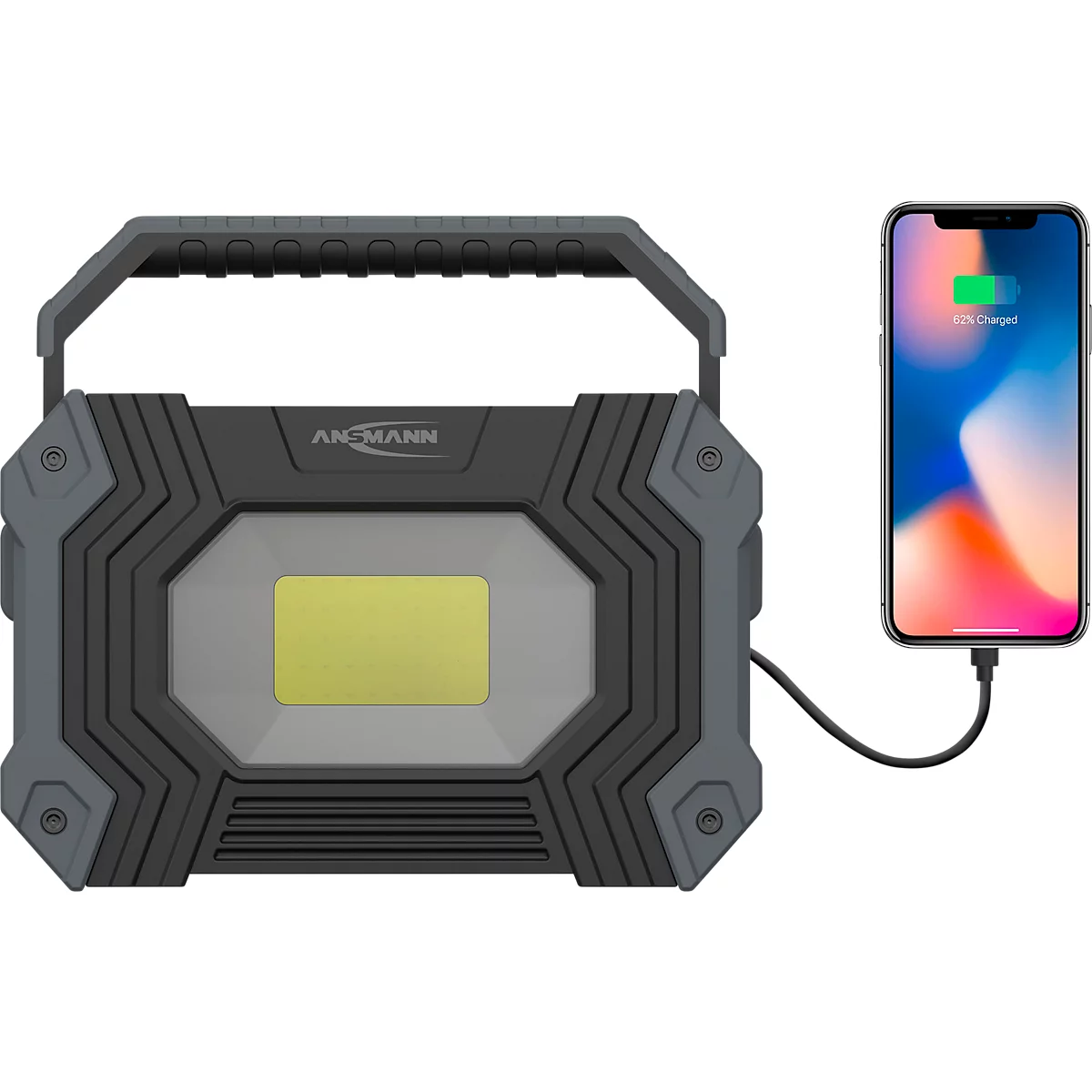 Lampe de travail à LED Ansmann FL2500R, 3 modes d'éclairage, 2400 lumens, IP64, batterie, étrier de pose/poignée, L 177 × P 129 × H 44 mm