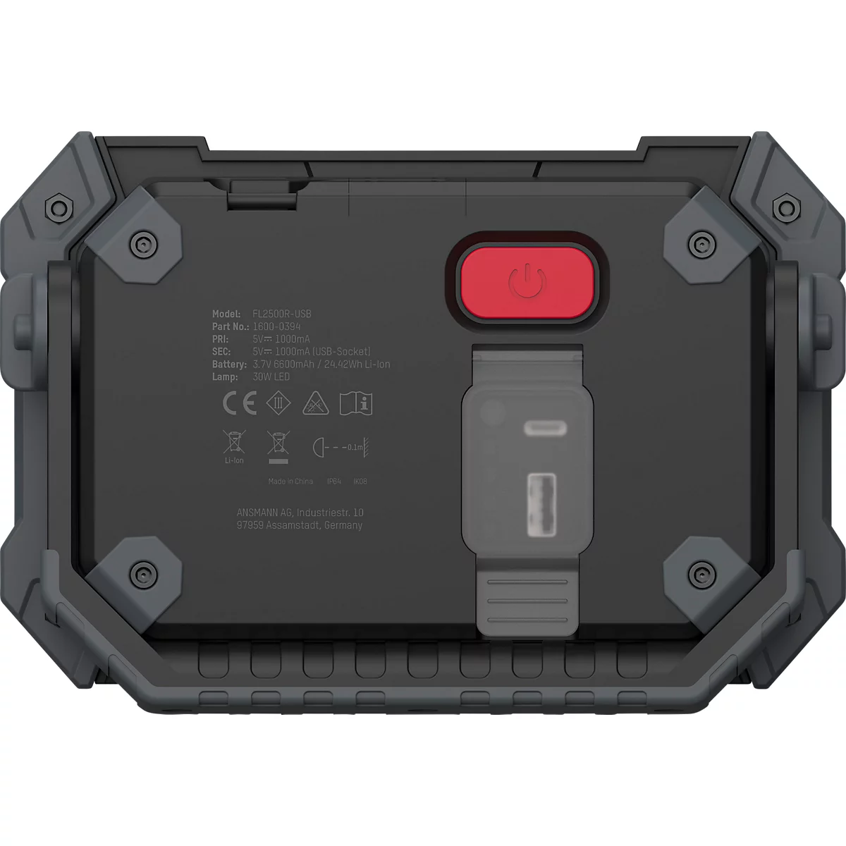 Lampe de travail à LED Ansmann FL2500R, 3 modes d'éclairage, 2400 lumens, IP64, batterie, étrier de pose/poignée, L 177 × P 129 × H 44 mm