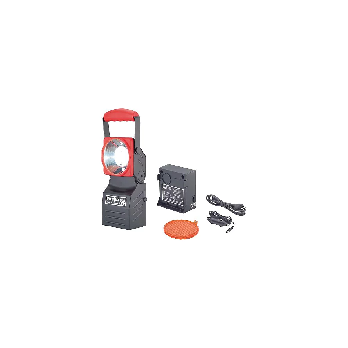 Lampe de travail noire et rouge avec accessoires tels qu'une batterie, un câble de chargement et un couvercle orange.