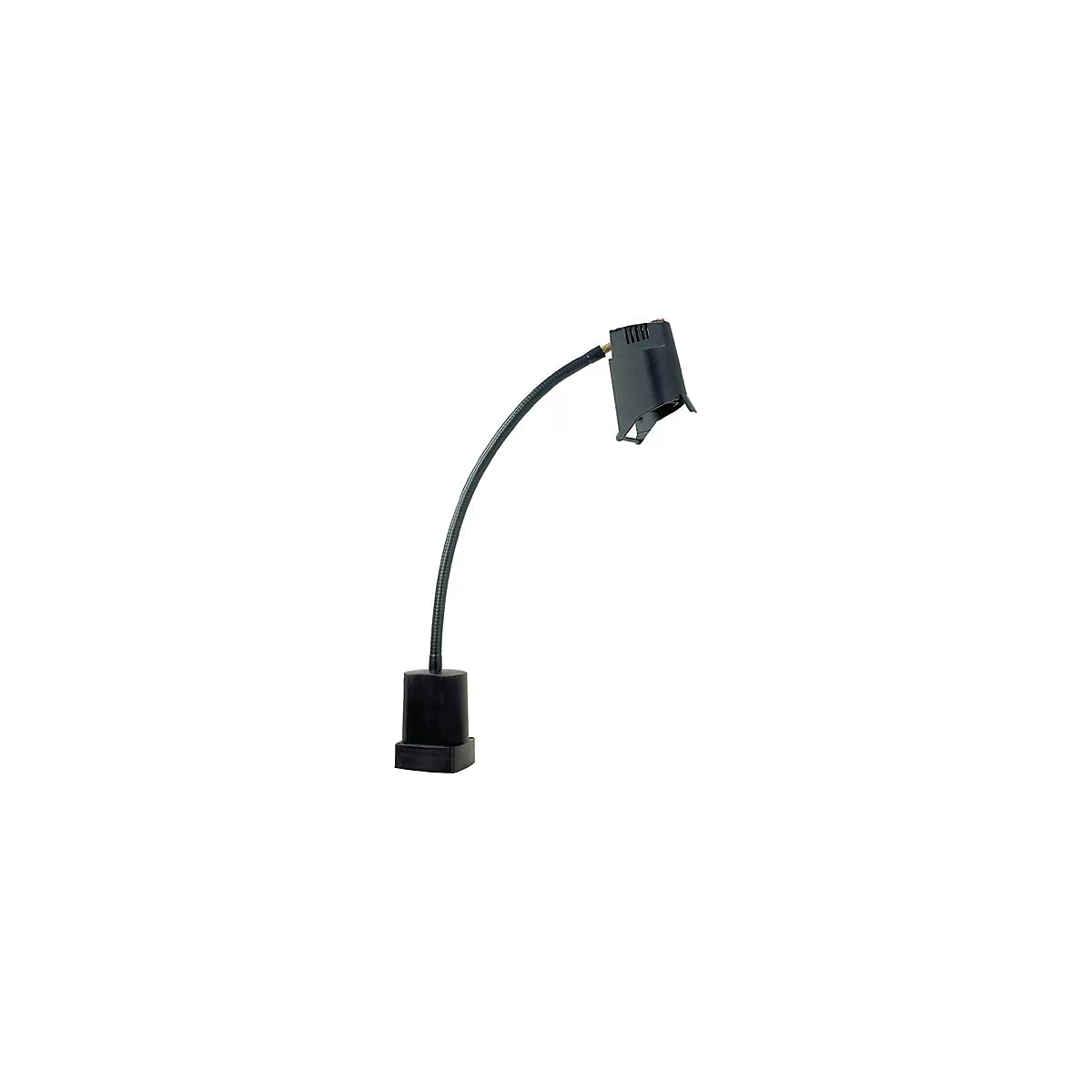 Lampe de bureau noire avec bras flexible. La tête de la lampe est angulaire, la base est carrée.