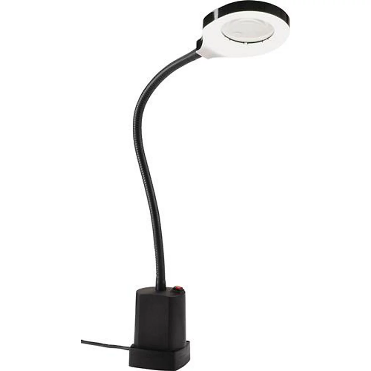 Une loupe avec éclairage LED intégré. Col flexible noir. Sur une base carrée, avec un bouton rouge.