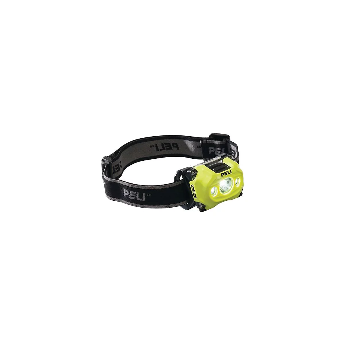 Lampe frontale jaune et noire avec l'inscription Peli. La lampe brille intensément. Le bandeau porte l'inscription Peli.