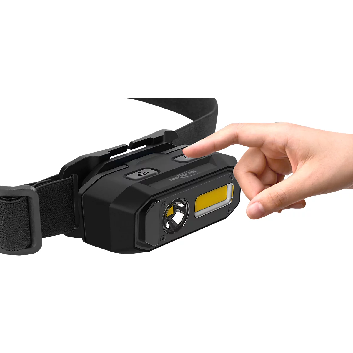 Lampe frontale LED Ansmann HD800RS, 800 lumens, portée 80 m, jusqu'à 10 h, commande gestuelle, bandeau flexible, L 82 × P 41,5 × H 52 mm, noir