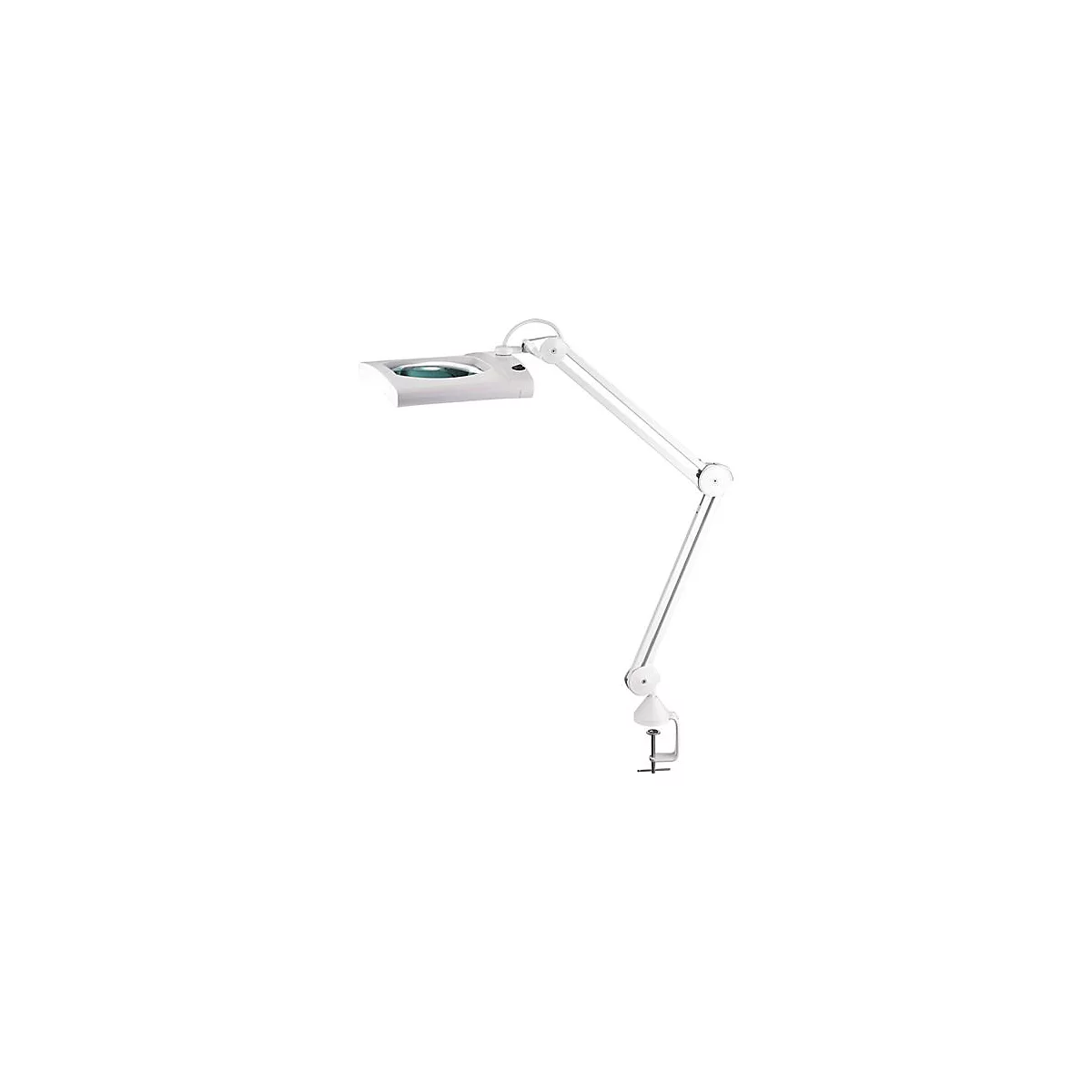 Lampe loupe blanche avec long bras et pince. Une loupe est visible sur la tête de la lampe.