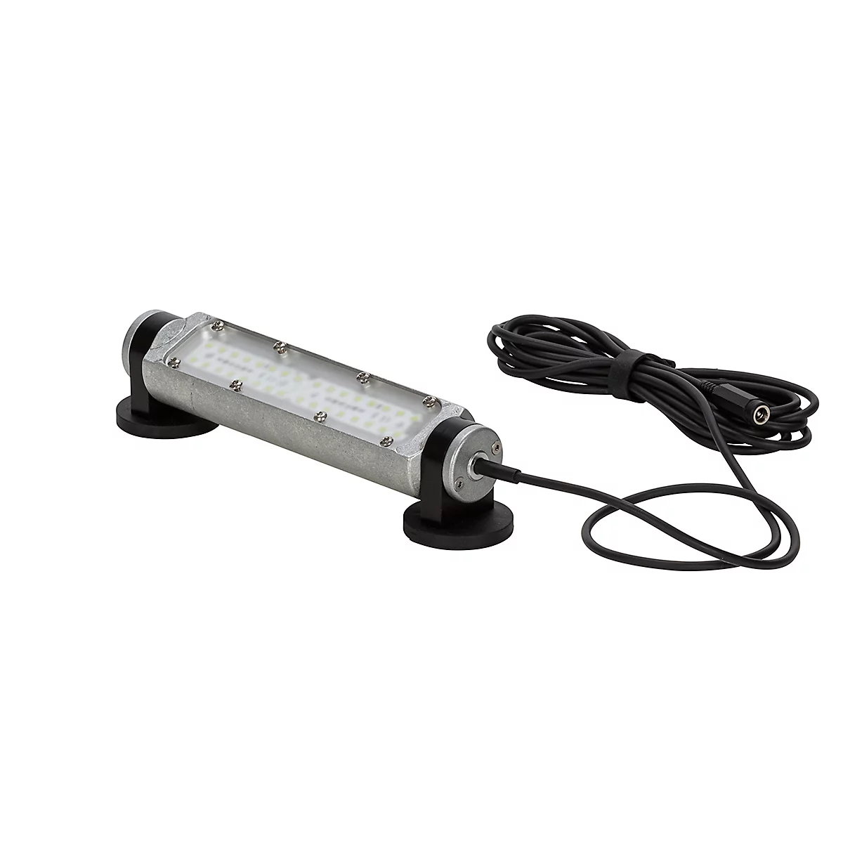Lampe LED en métal avec câble noir, sur fond blanc.