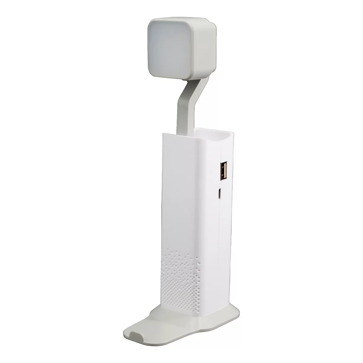 Lampe de bureau blanche et moderne avec une tête lumineuse cubique, port USB et base grise.