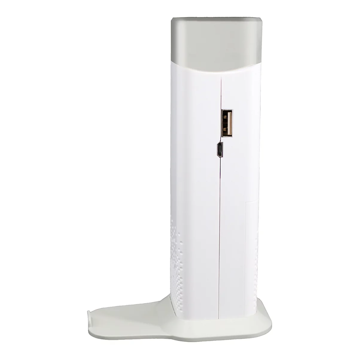 Tour blanche avec connexion USB. Couvercle gris en haut, base plate en bas.