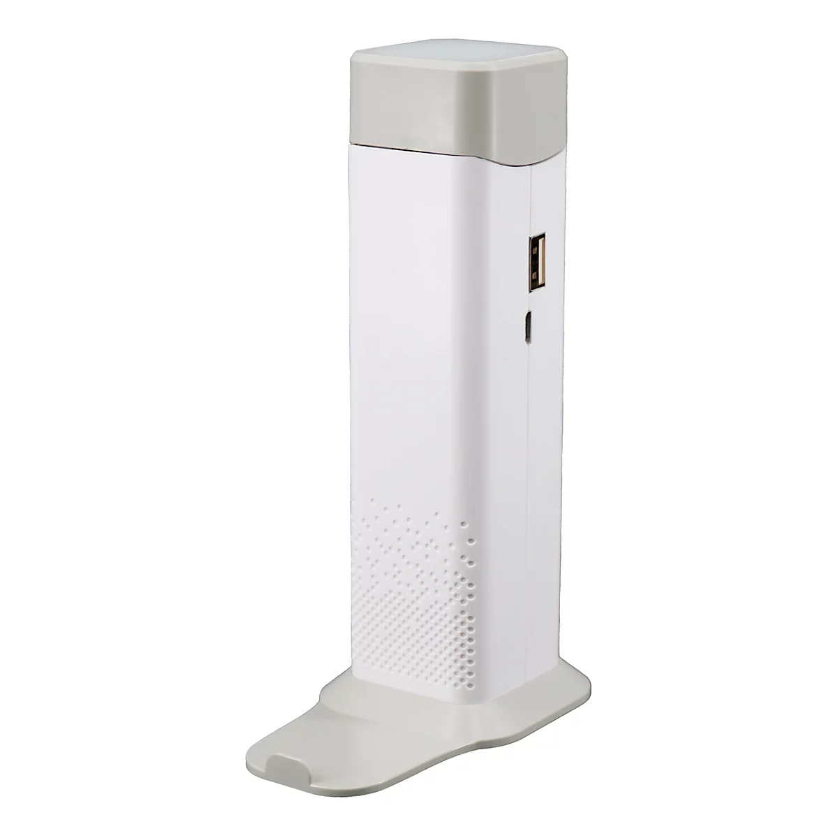 Appareil blanc en forme de tour avec une base et un dessus gris. Il possède un port USB et des trous de ventilation.