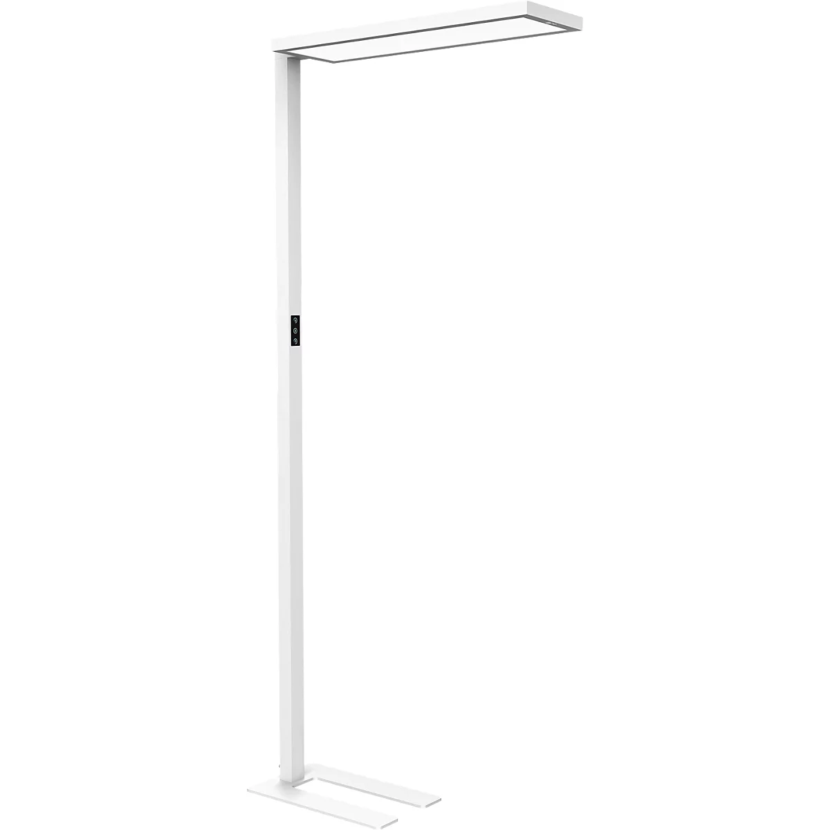 Lampe sur pied à LED Maul MAULsenja, 87 W, 15150 lm, 2700-5700 K, lumière directe/indirecte, intensité lumineuse variable, détecteur de mouvement/de lumière, H 1960 mm, aluminium, blanc