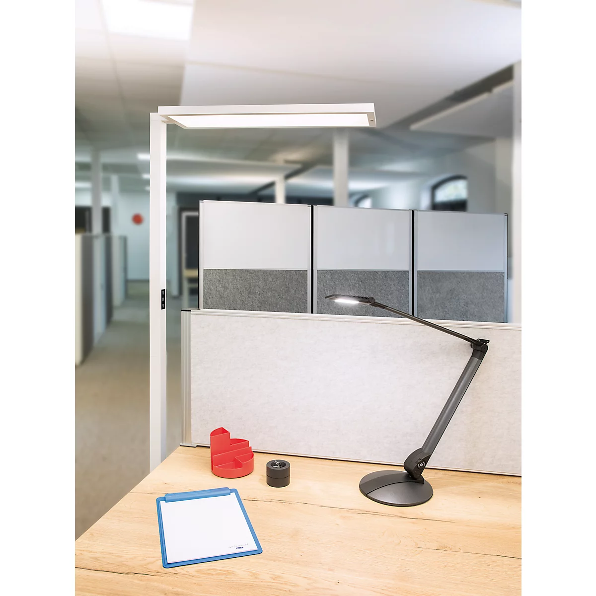 Lampe sur pied à LED Maul MAULsenja, 87 W, 15150 lm, 2700-5700 K, lumière directe/indirecte, intensité lumineuse variable, détecteur de mouvement/de lumière, H 1960 mm, aluminium, blanc