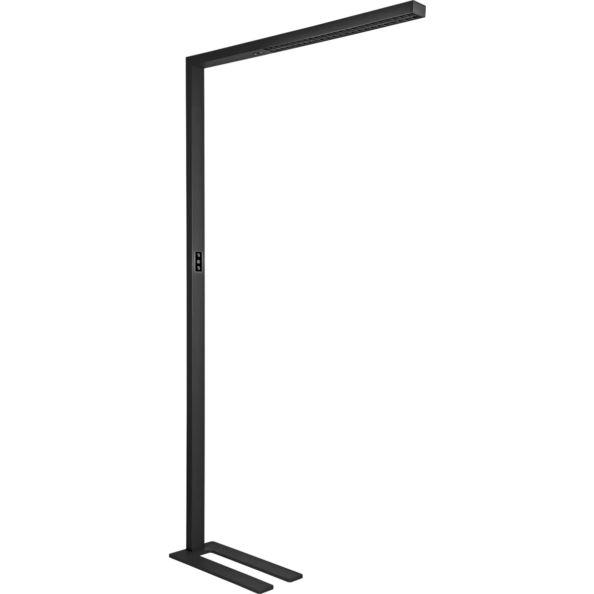 Lampadaire noir avec une tête carrée, une tige droite et une base rectangulaire.