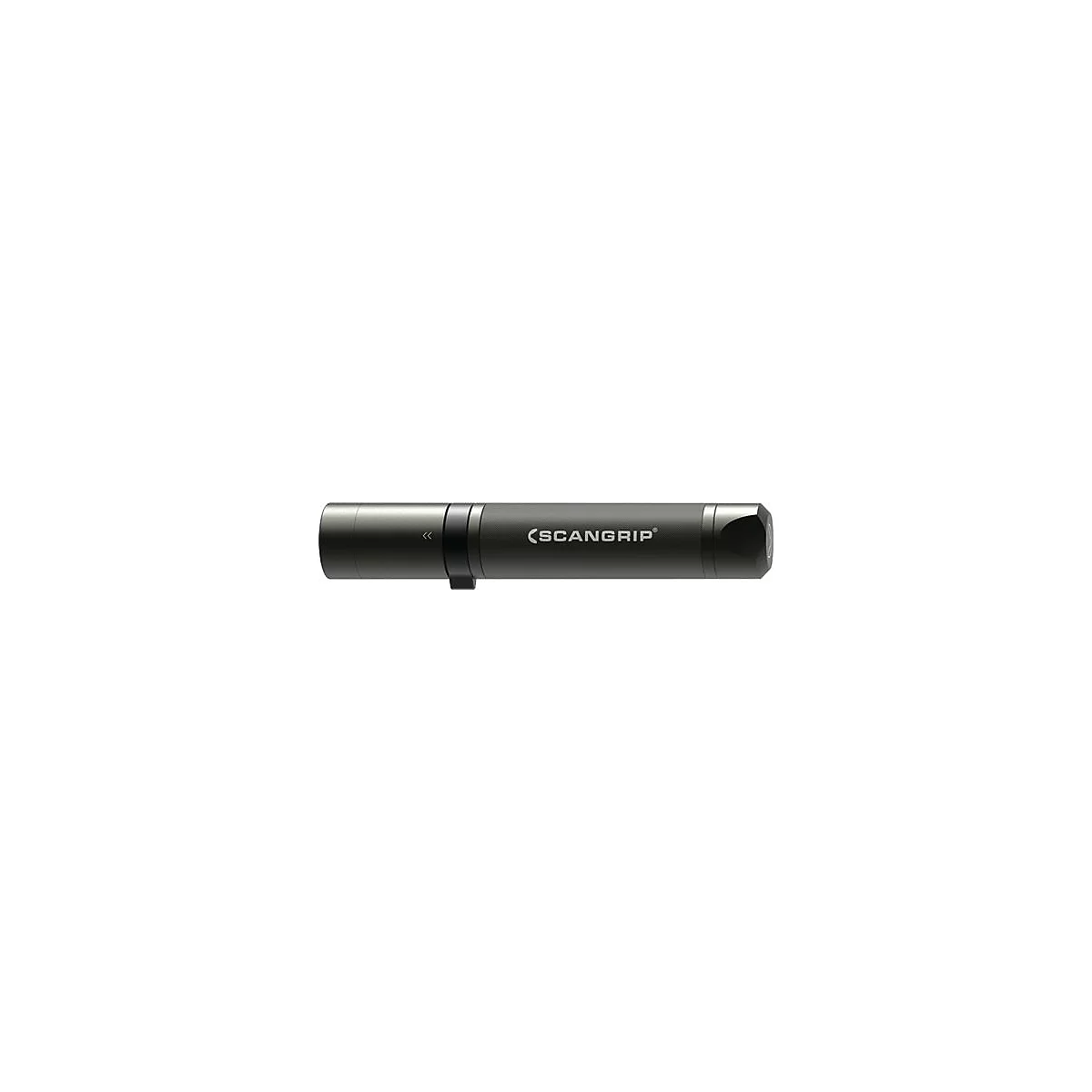 Lampe de travail LED cylindrique gris foncé avec logo 'SCANGRIP'. Anneau et détails noirs.