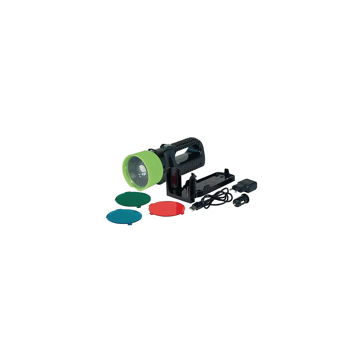Lampe de poche noire avec cône lumineux vert, filtres colorés et accessoires.
