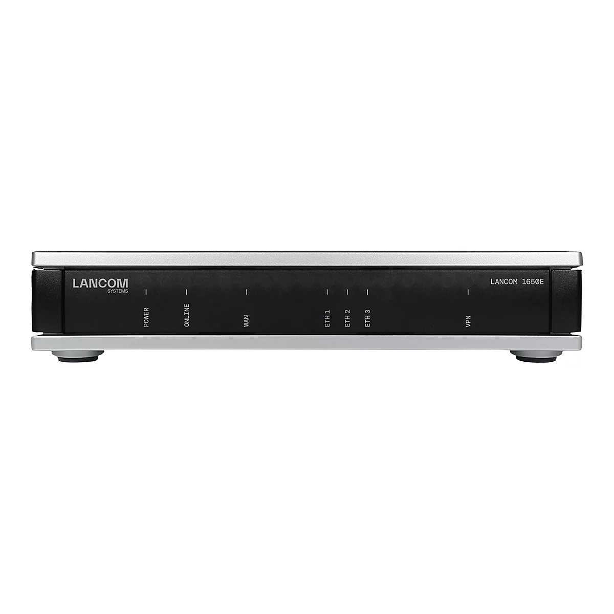 Schwarzer LANCOM Router mit silbernen Akzenten und Beschriftungen: Power, Online, WAN, ETH 1-3, VPN.