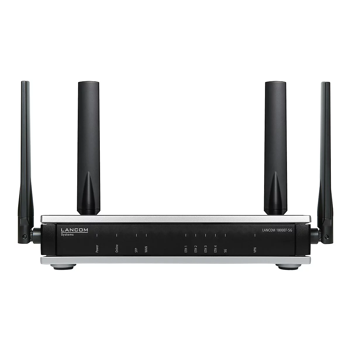 Ein schwarzer LANCOM Router mit vier Antennen, Text: LANCOM Systems, LANCOM 1800EF-5G.
