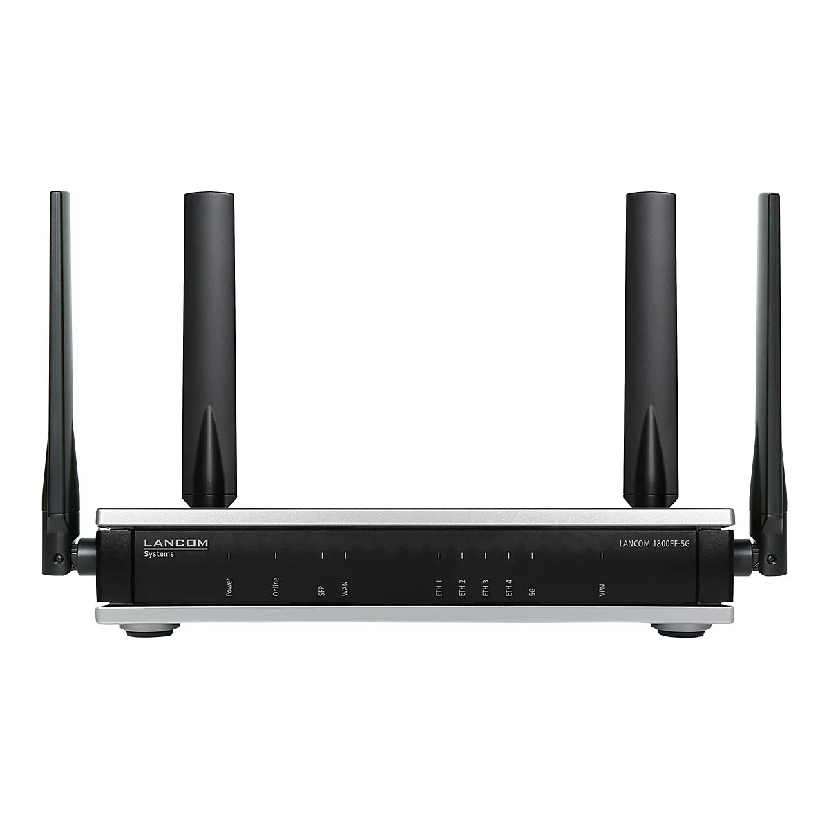 Ein schwarzer LANCOM Router mit vier Antennen. Auf dem Router stehen die Begriffe: Power, Online, SFP, WAN, ETH 1-4, 5G, VPN.