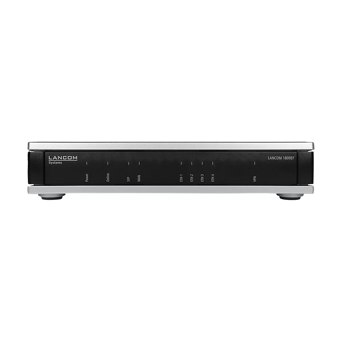 Appareil LANCOM 1800EF noir avec dessus argenté. Étiquettes: Power, Online, SFP, WAN, ETH1-4, VPN.