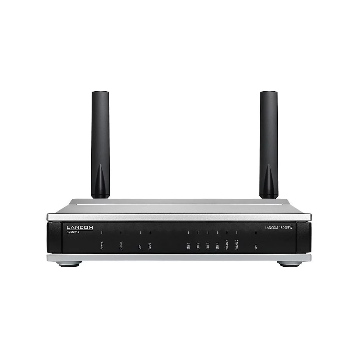 Un routeur LANCOM gris avec deux antennes noires. Étiqueté : Power, Online, SFP, WAN, ETH 1-4, WLAN 1-2, VPN.