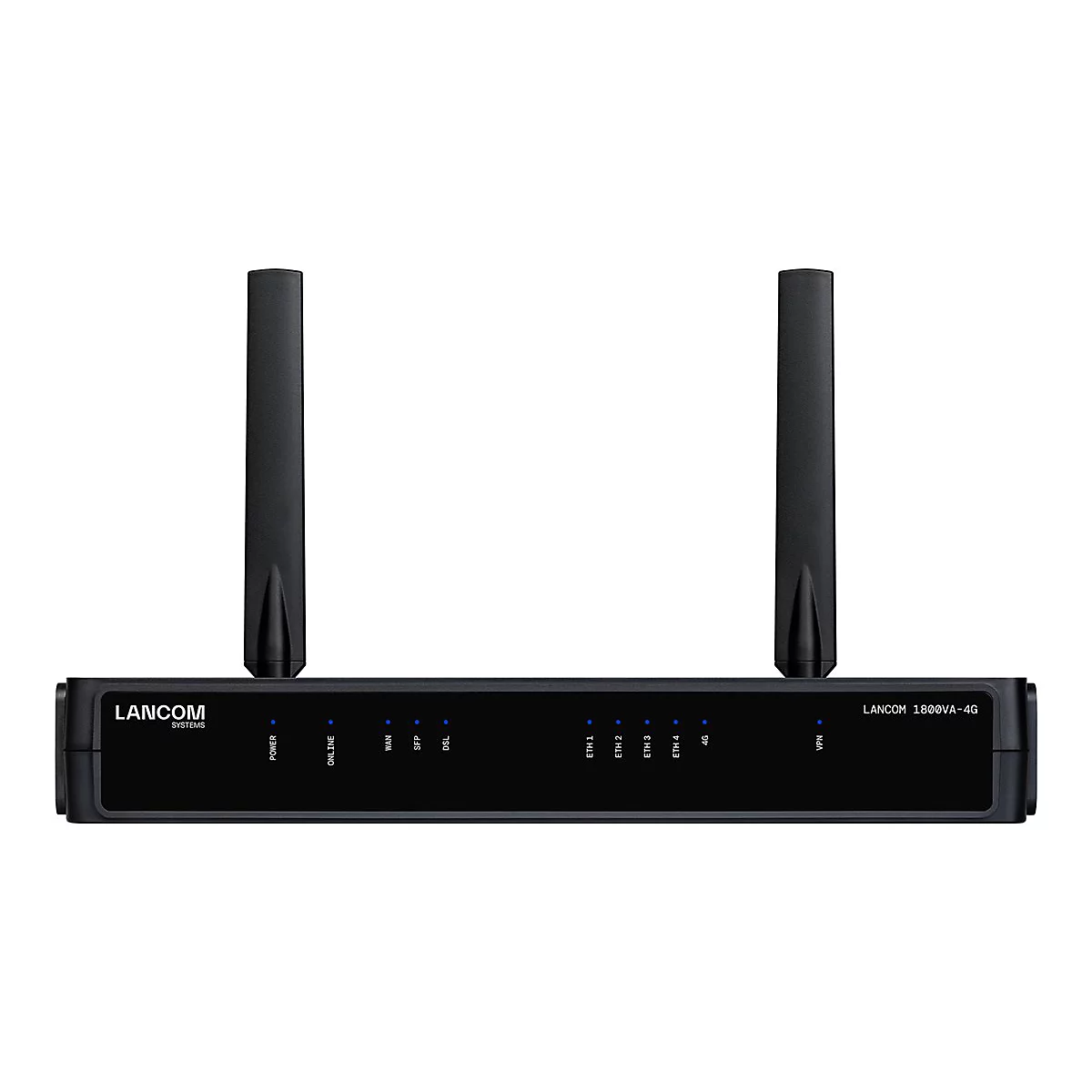 Schwarzer LANCOM Router mit zwei Antennen. Beschriftungen: Power, Online, WAN, DSL, ETH 1-4, 4G, VPN.