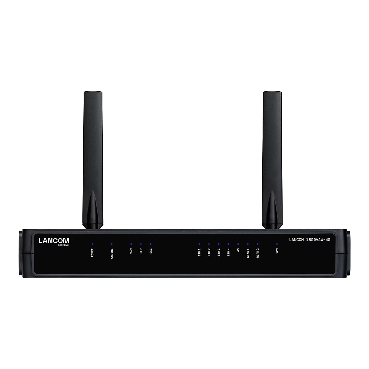 Ein schwarzer LANCOM Router mit zwei Antennen. Auf der Vorderseite befinden sich diverse Leuchten, sowie die Bezeichnung LANCOM 1800VAW-4G.