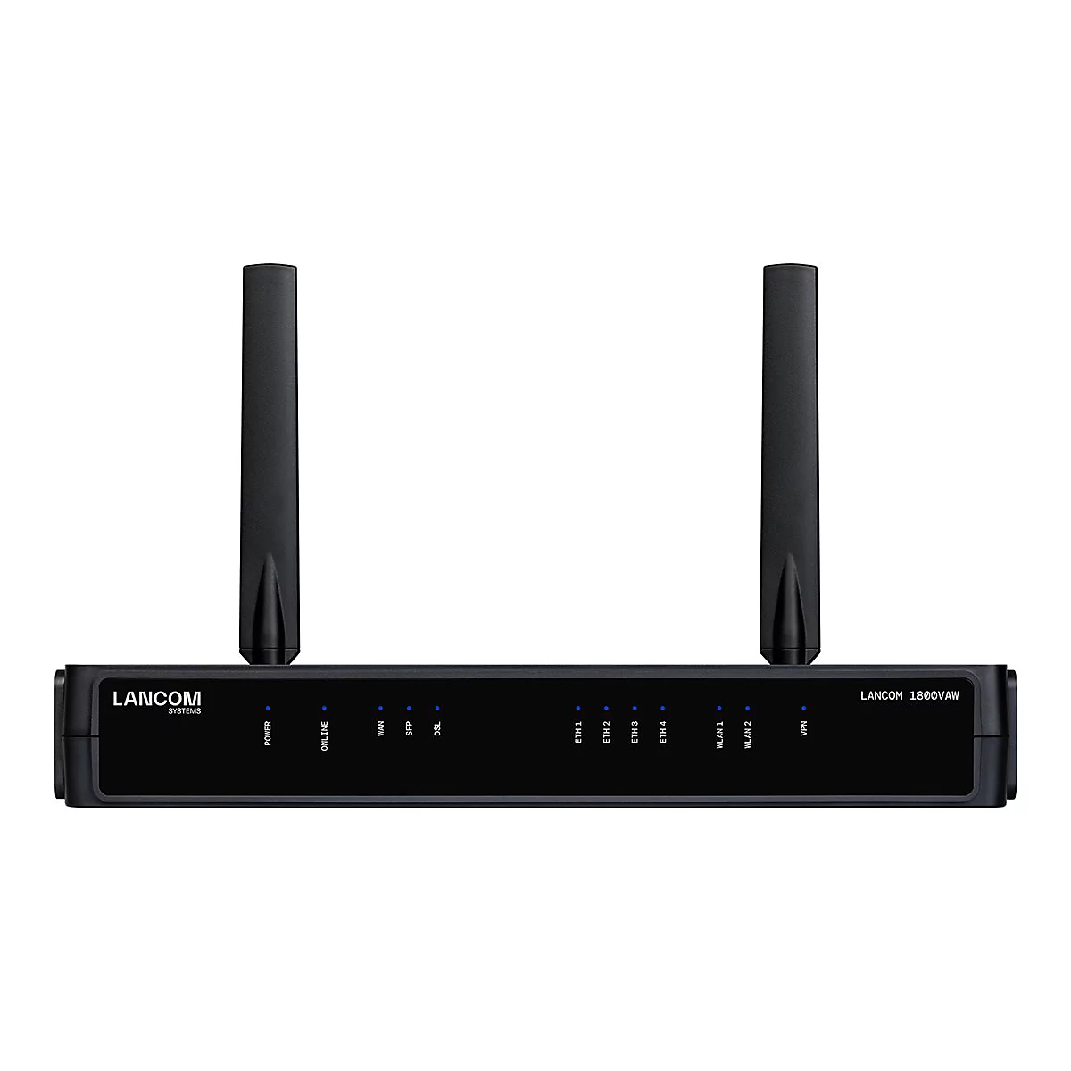 Schwarzer Router mit zwei Antennen. Beschriftungen: Power, Online, LANCOM Systems, ETH1-4, WLAN 1-2, VPN, LANCOM 1800VAW.