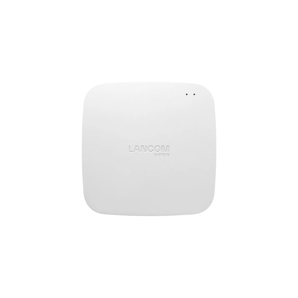 Un appareil blanc, carré avec des coins arrondis et l'inscription en relief "LANCOM SYSTEMS". Deux petits points noirs en haut.